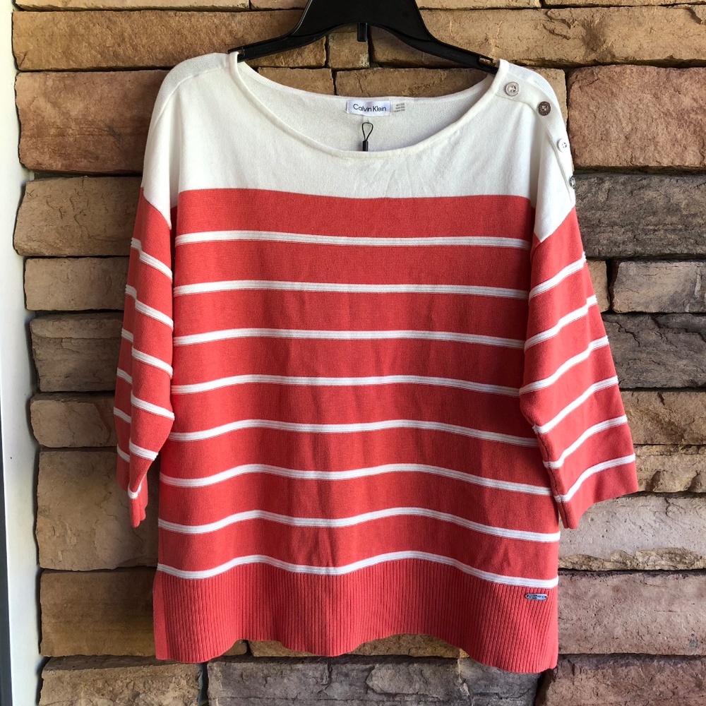 Calvin Klein orange white stripe 3/4 sleeve knit top sweater NWT Women Large